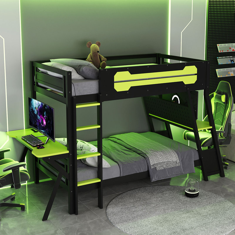 Twin Size Bunk Bed with Two Built-In Gaming Desks, USB Desktop Ports & Pegboard Organizer, Gaming Bunk Frame for Gamer, Green