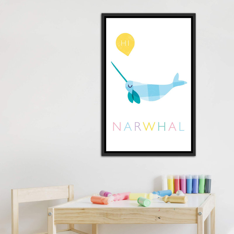 Narwhal - impression d'art graphique, Pas de tapis, Toile avec cadre noir patiné, H 40 po x l 26 po x P 1,5 po