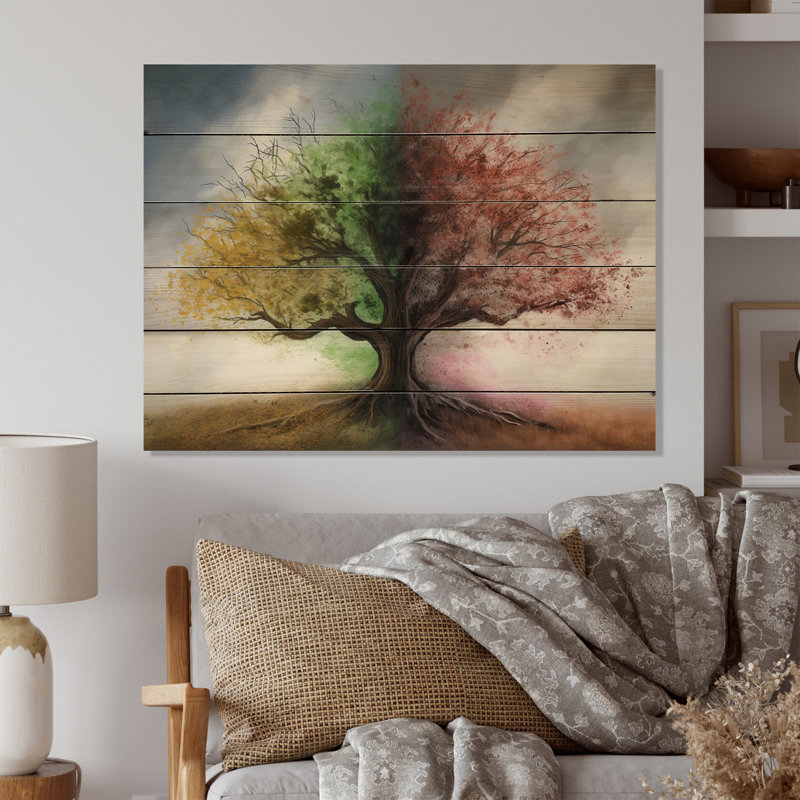Tree Season Change II - Tree Floral Print on Natural Pine Wood, 10" H x 20" W x 0.78" D