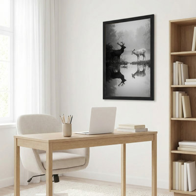 Art mural sur toile noir encadré pour le salon, la chambre à coucher, le bureau ou le vestibule - décoration murale décorative avec reflet de cerf