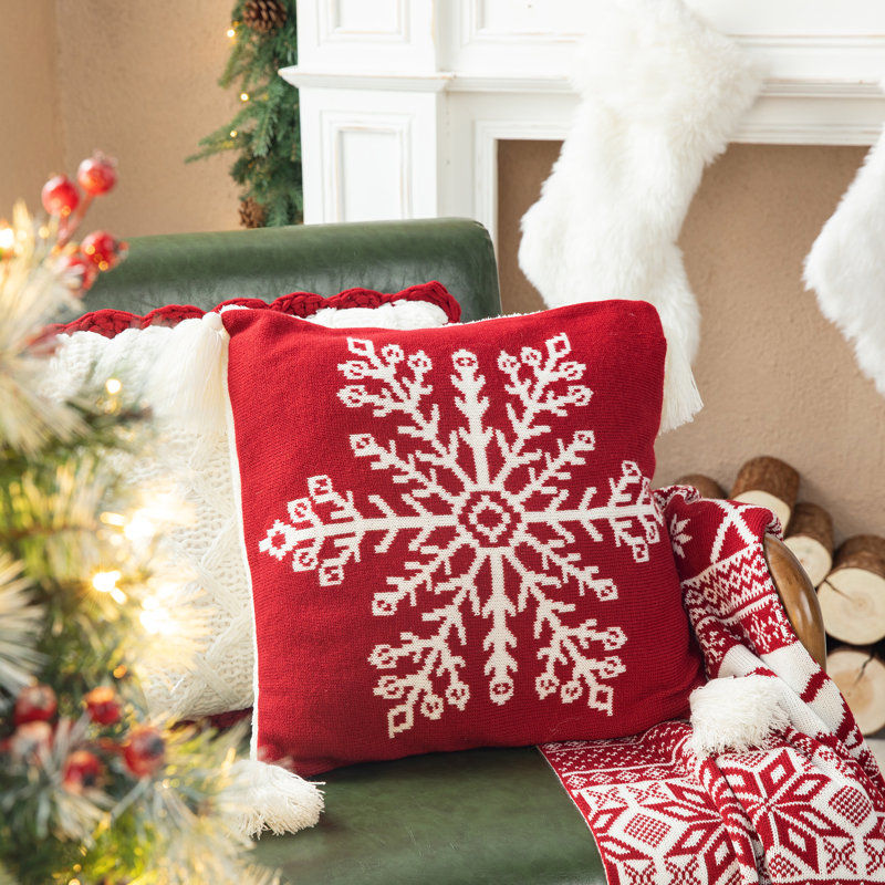Red Knitted Snowflake Pillow Cover with Tassels