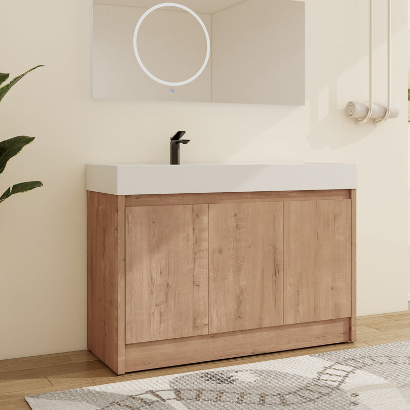 Quarnar 48" Freestanding Single Bathroom Vanity with 3 Doors & Adjustable Shelf , Single Freestanding vanity, 48" Single Bathroom Vanity Set, Floor Standing Vanity with White Resin Top