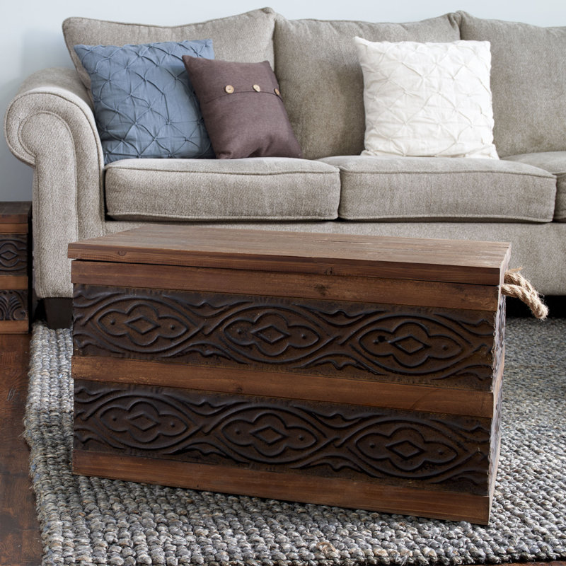 Decorative Trunk, Embossed Metal, Chinese Fir Wood, Darkened Interior, Rope Handles, Flat and Fully Opening Lid, Handmade, Walnut and Almond Stain