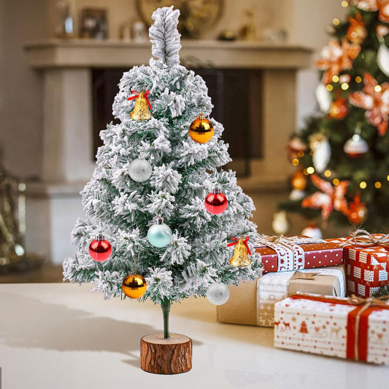 Arbre de Noël artificiel vert 2 pi avec mini sapin de Noël enneigé et support en bois pour décoration intérieure et extérieure