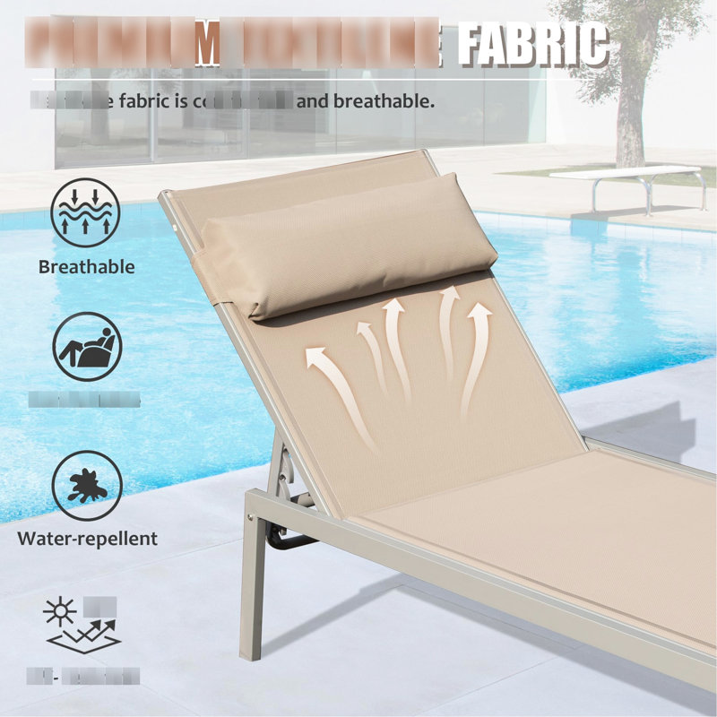 Chaise longue de patio 3 : Chaises de piscine en aluminium avec table d'appoint. Kaki. Confort supérieur. 5 positions d'inclinaison réglables. Structure antirouille. Résistante aux intempéries. Pour jardin, balcon, plage. 3 places.