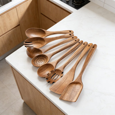 Acacia Wooden Utensil Set For Cooking, 8-Piece Nonstick Kitchen Spoons And Spatulas For Everyday Use, Durable Wooden Cooking Tools