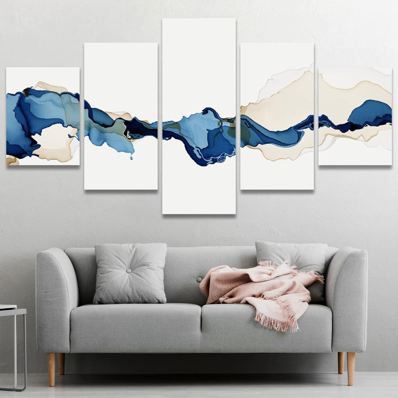 Smoke Effect " Blue White Twisted Smoke Ribbon Splash Landscape " 5 Piece Art Set