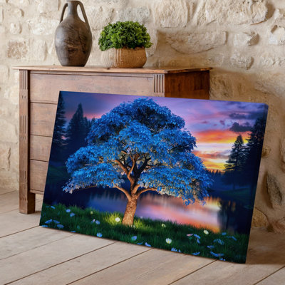 Canvas A Majestic Tree Stands Prominently At The Center Its Branches Wall Art Adorned With Vibrant Blue Foliage Illuminated By A Warm Canvas Wall Art