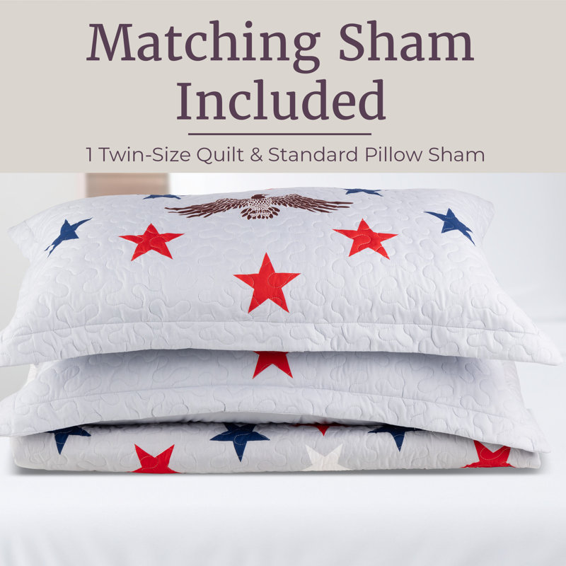 2-Piece Twin Quilt Set - Twin Bedspread and Pillow Sham with Patriotic Star Pattern - Lightweight Quilt Bedding Set for All Seasons - Soft Microfiber Coverlet by Lavish Home (Stars/Stripes)