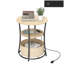 Table basse Table d'appoint ronde avec station de charge, table de bout à 3 niveaux avec sac de rangement en tissu et tablette, bois naturel