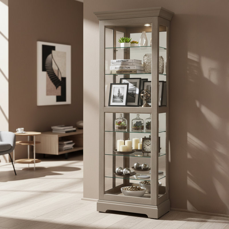Martindale Solid Wood Lighted Curio Cabinet, Gray