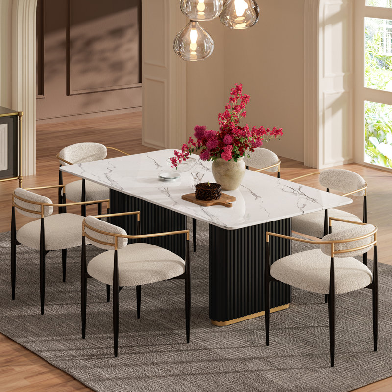 Ensemble de table de salle à manger à double piédestal 6 personnes Velora, 7 pièces : table, 6 chaises, Blanc