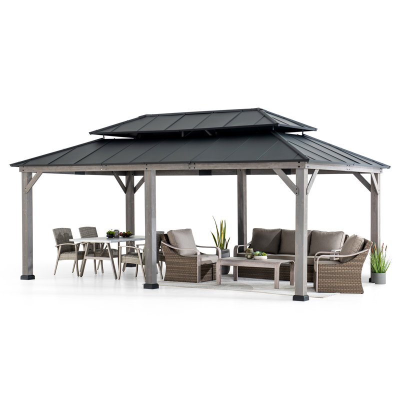 Pavillon de jardin en bois 12 pi x 20 pi Sunjoy, pavillon de jardin extérieur en aluminium à toit rigide, pavillon de jardin en bois avec cadre en cèdre avec toit à 2 niveaux, convient aux patios, à la pelouse et à la cour arrière