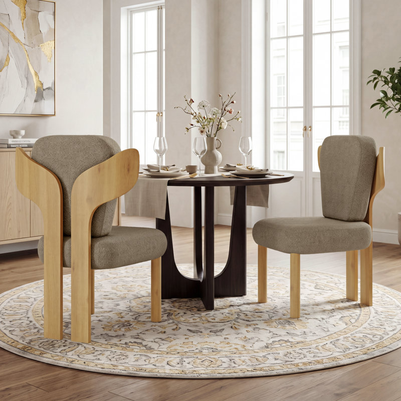 Brayden Upholstered Dining Side Chair with Wooden Legs (Set of 2), Tan, Natural Wood