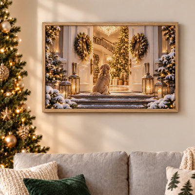 Golden Retriever Sitting On Snowy Steps Looking Christmas Canvas Wall Art