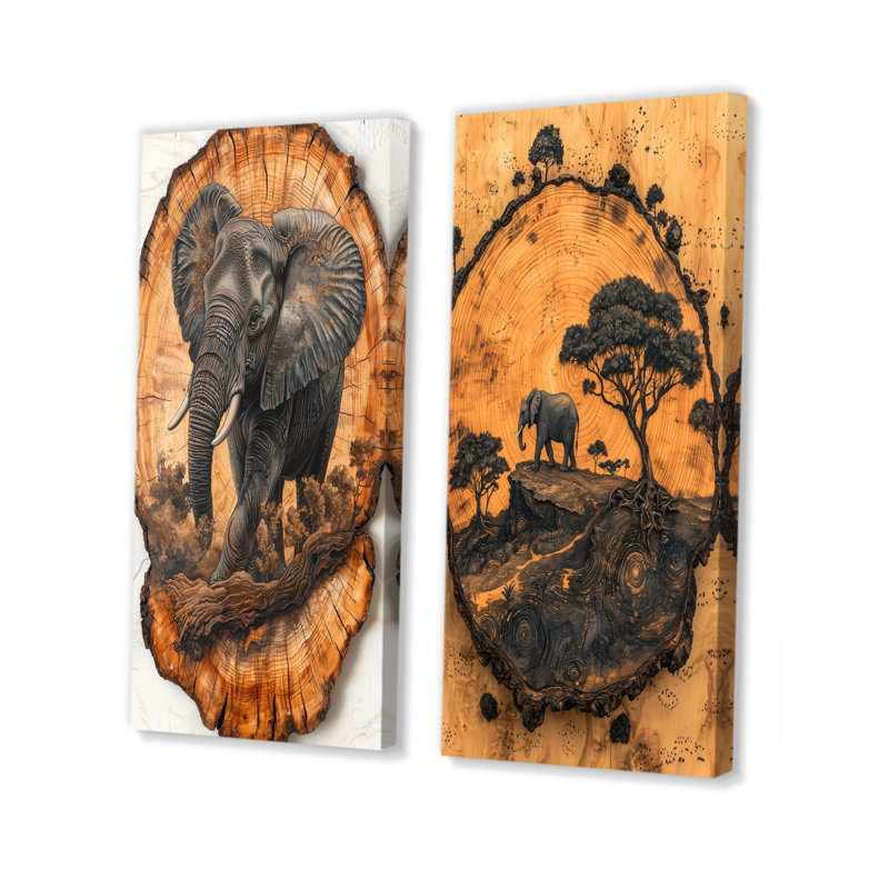 Éléphant sous le baobab, glissade sur bois I - animaux, collection d'art mural, 2 pièces, H 28 po x l 25 po, Toile tendue
