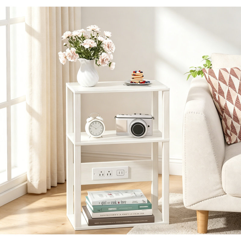 Table d'appoint en bois à 3 niveaux avec station de charge, prise USB et prises, Grey