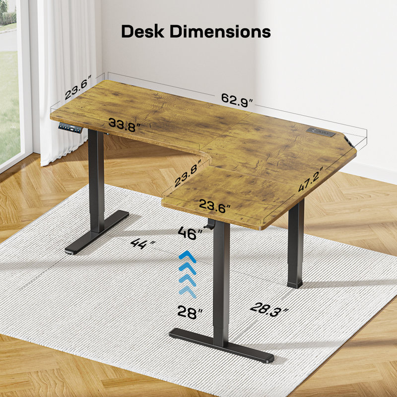 63" L-Shaped Standing Desk, Electric Height Adjustable Corner Desk with 3 Preset Heights, Built-in Power Outlets & Large Power Strip Holder, Dual Motor for Faster Speed, Brown