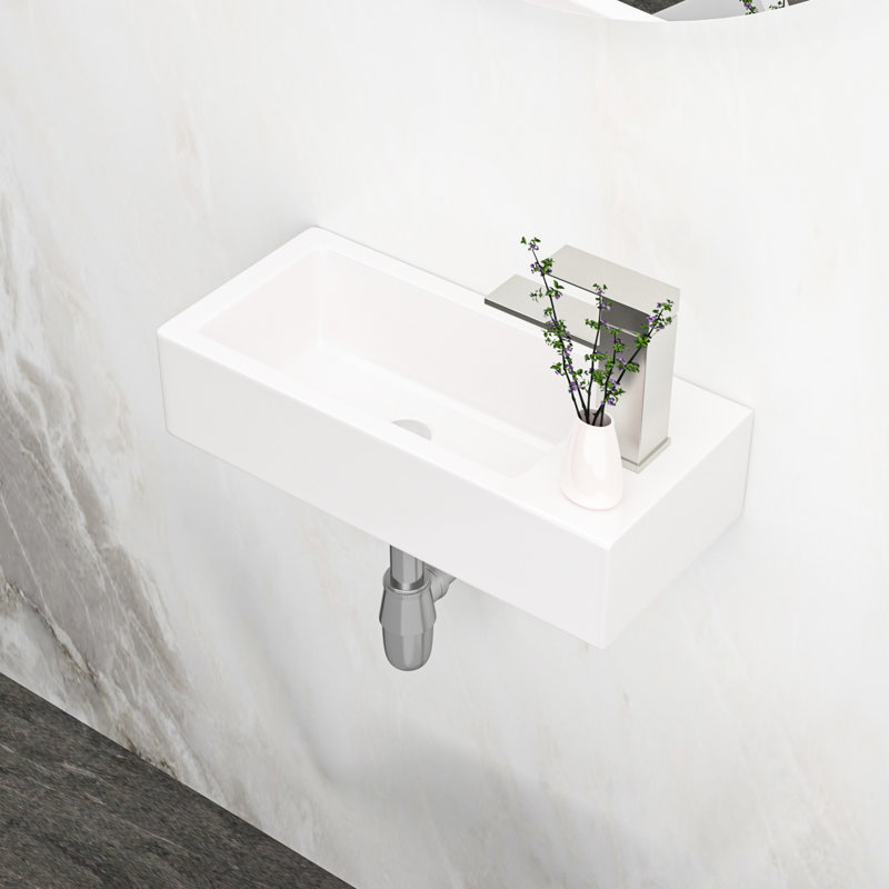 White Ceramic Bathroom Sink - Wall Mounted, 14.96X7.21 Inch, Stain , Rectangular, Faucet Hole Offered Inch Mount, White, Provided