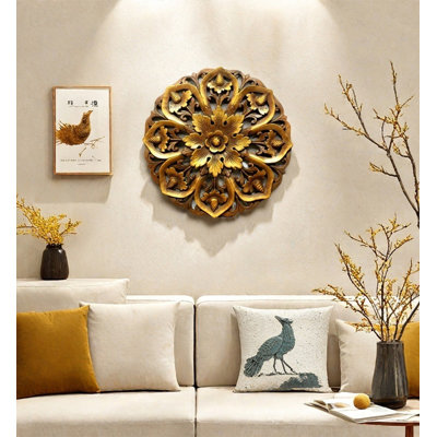 Thai Style Floral Carved Round Wood Wall Art For Home Accent Decor