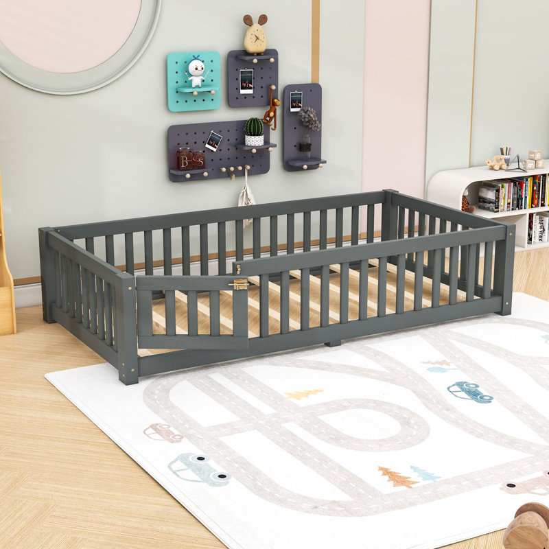 Wooden Bed With Slats And Safety Guardrails, Gray, Twin