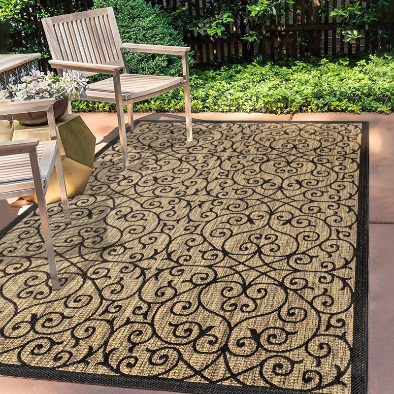 Haggerty Vintage Filigree Textured Weave Black/Khaki Indoor/Outdoor Rug, Rectangle 7'9" x 10'