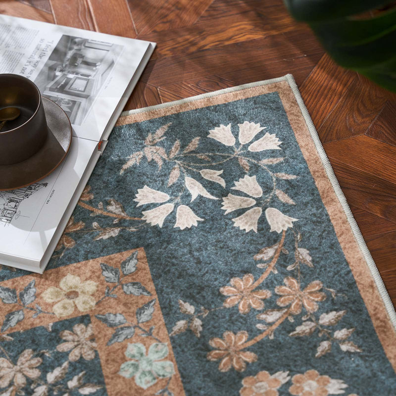 Floral Machine Washable Area Rug, Runner 2' x 6', Dark Blue/Orange
