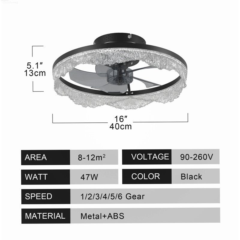 Ventilateur de plafond encastré en cristal moderne avec télécommande, 17 pouces