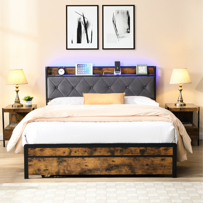 Très grand cadre de lit très grand avec lumières à DEL et télécommande, tête de lit avec rangement, 2 tiroirs, station de charge, gris, sans sommier, installation simple, style chambre à coucher moderne, structure en métal pour plus de solidité, bruit