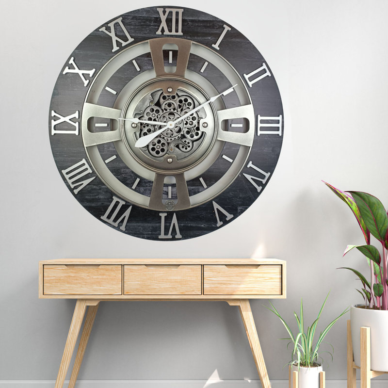 Oversized Vintage Black Wall Clock with Real Moving Gears