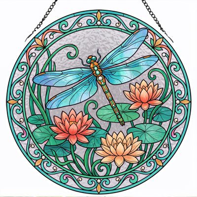 Dragonfly Lotus Stained Glass Window Panel，12"H