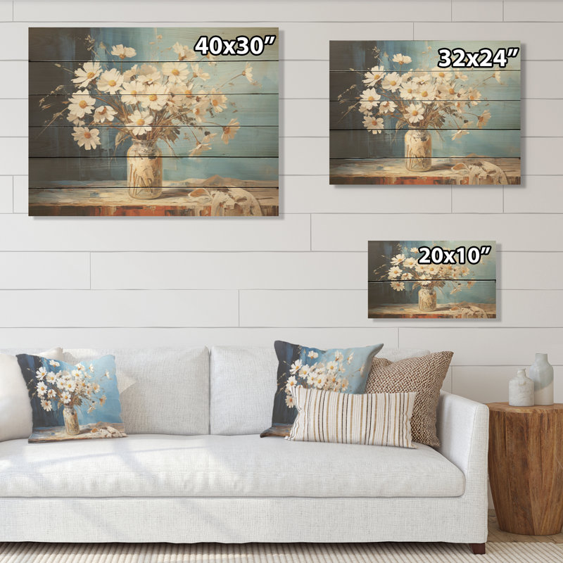 «White Daisy Efflorescence» Bouquet Serenity I - marguerites, art mural sur bois de pin naturel, H 24 po x l 32 po