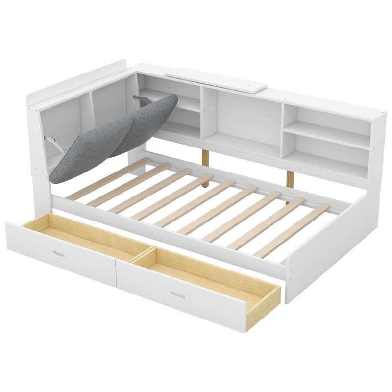 Daybed with Upholstered Storage Headboard, Bookcase and 2 Drawers, Wood Platform Bed with Storage Shelves and Rotatable Storage Board