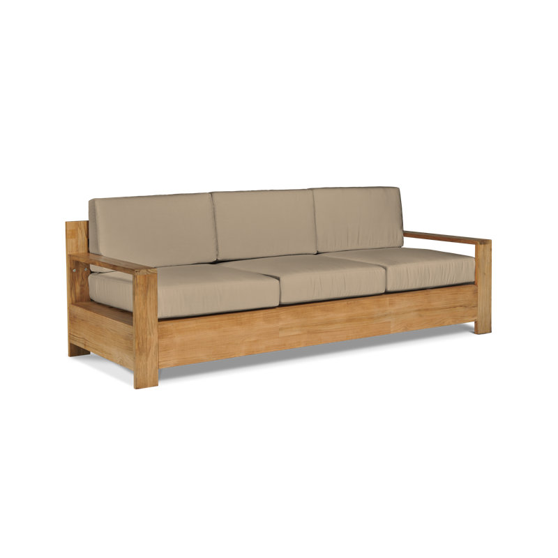 Qube 3 Person Teak Outdoor Sofa With Sunbrella Antique Beige Cushions, Canvas Canvas Sunbrella® Canvas, Natural Wood