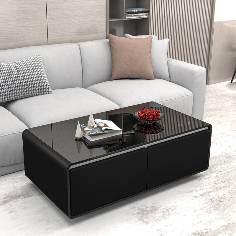 Black High Gloss Smart Coffee Table with Storage and Built-in Fridge