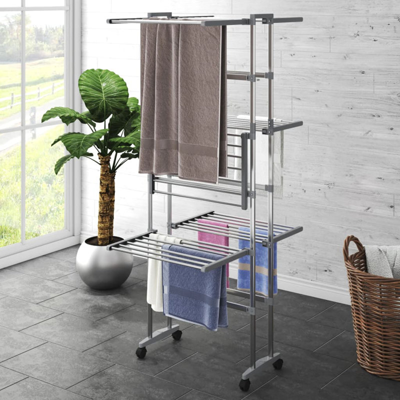 3 Tier Laundry Drying Rack with Wheels Silver 23.6 x 27.6 x 50.8 in Rolling Clothes Airer