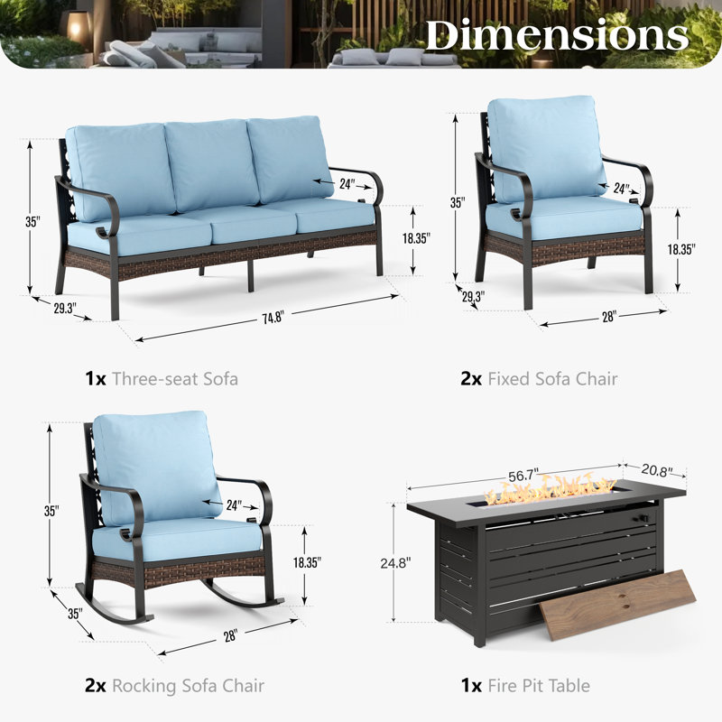 7 Person Outdoor Patio Seating Set With 2 Rocking Lounge Chairs & Fire Pit Table, Black/Blue/Black