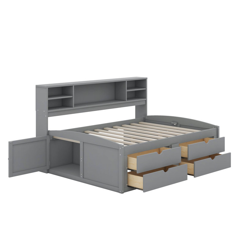 Lit de jour double en bois avec 2 tables de chevet, tablettes et tiroirs, Gris