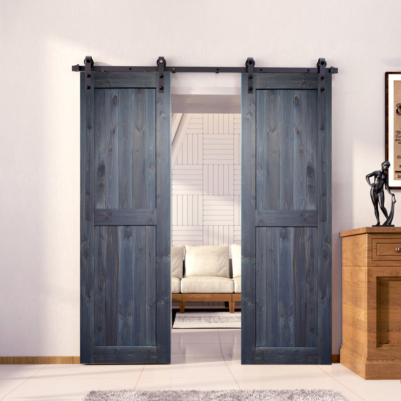 Porte en bois de pin non assemblé H Design avec quincaillerie d'installation rustique noire à deux portes, Marine