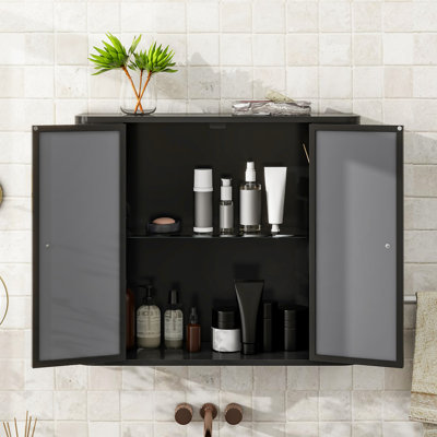 Bathroom Storage With 2 Mirrors And Open Shelf, Frame, Contemporary Style, Antique Black, 8.4 In Wide, 24.19 Height Cabinet Mirrored Doors, Compartment, Design, Wide