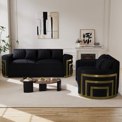 Ensemble de canapés en velours 2 pièces avec accoudoirs décoratifs dorés en forme de croissant