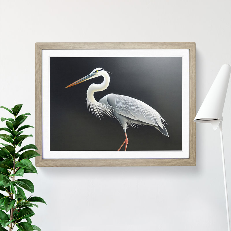 XH1022-7010X Pleasing Heron Bird - Single Picture Frame Print, 34cm H x 46cm W x 2cm D, Oak Framed
