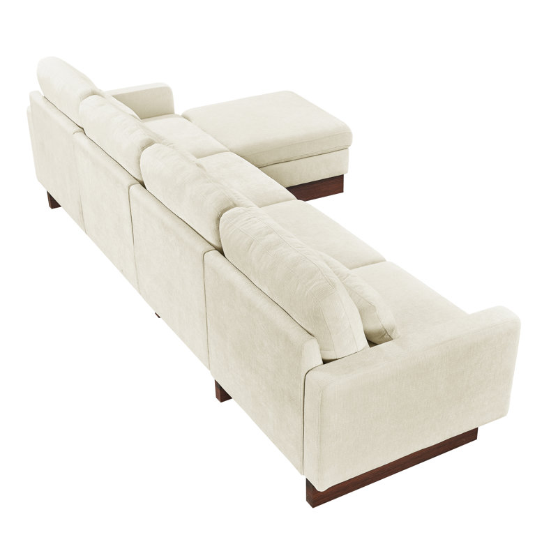 Canapé modulaire rembourré en chenille de forme large L de 124 po de large avec dossier rembourré et repose-pieds amovible beige