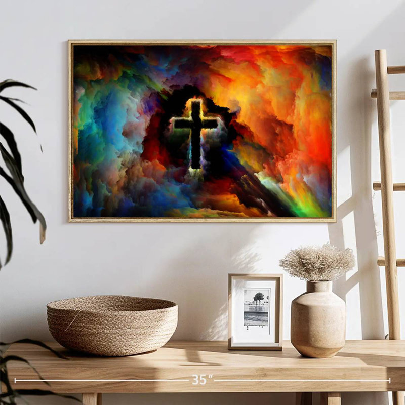 Croix colorée, Cadre flottant en bois naturel, 25 po x 17 po