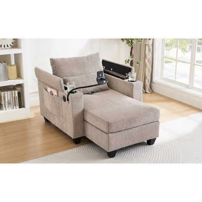 Canapé-lit convertible brun de 37,4 po avec velours côtelé doux, porte-téléphone, porte-gobelets et fauteuil de rangement latéral dans les ports, pour la détente dans la chambre à coucher