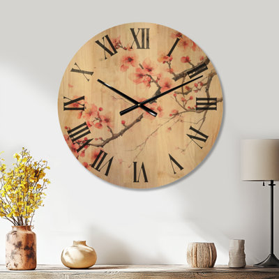 Grande horloge murale florale en bois silencieux - branche de cerisier en fleurs