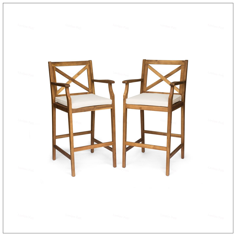 Outdoor PERLA Barstool With Acacia Wood, Cross-Back Design, And Water-Resistant Cushions For Durable Patio Seating