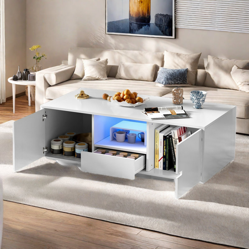 Modern High Glossy Rectangle Coffee Table With 2 Cabinets, One Drawer, 16 Colour Led Lights And A Open Shelf, White