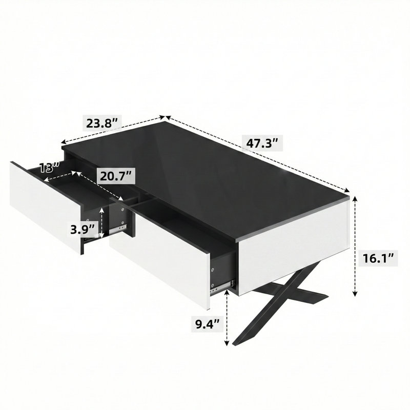 Table basse rectangulaire à miroir pour le salon avec rangement et base en métal, comprenant 2 tiroirs et un plateau noir ultrabrillant mesurant 47,3 pouces.
