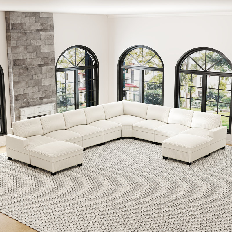 10-Piece Modern Spacious Corduroy Corner Sectional Sofa, Cloud Couch With Chaise & Nailhead Trim, Beige Corduroy